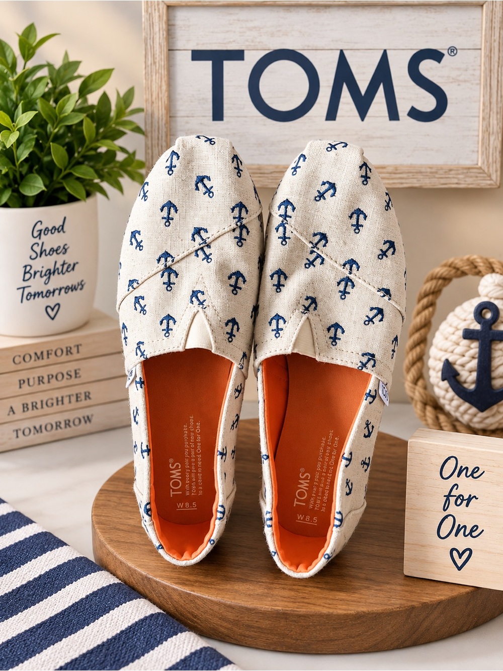 TOMS Ladies’ Anchor Print Canvas Slip-Ons in Natural and Navy - NWOT